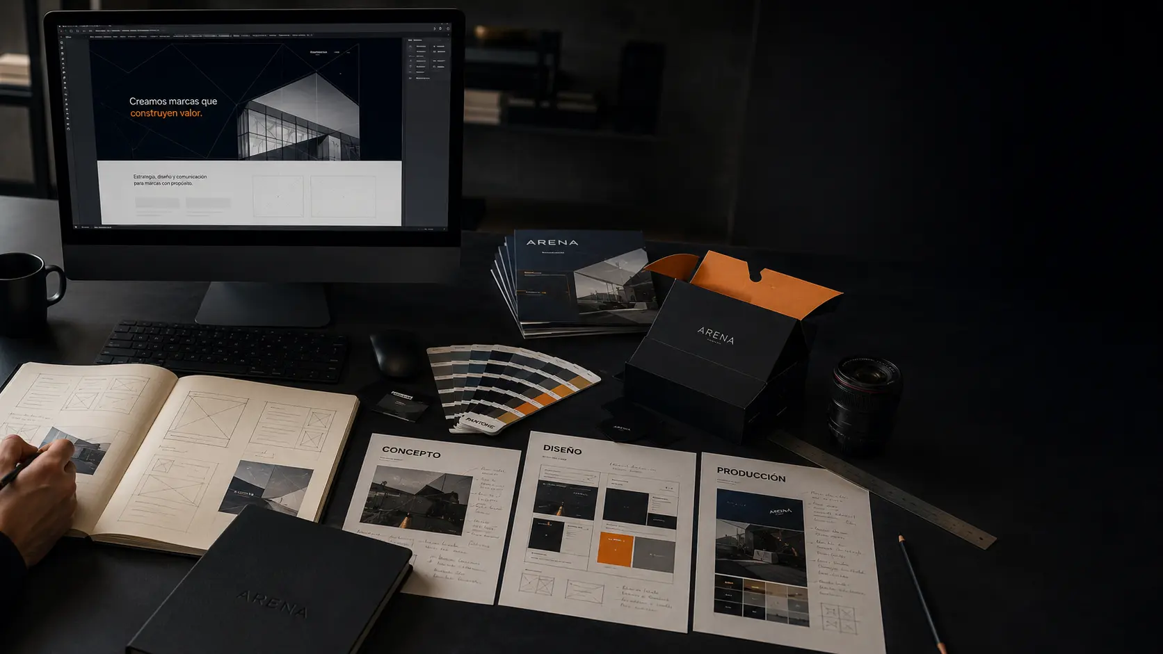 Mesa de trabajo de Arena Publicidad con proyectos de diseño, web y producción